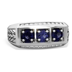 Lab Sapphire Three Stone Tire Tread Men's 14K White Gold ring R0520