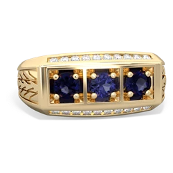 Lab Sapphire Three Stone Tire Tread Men's 14K Yellow Gold ring R0520