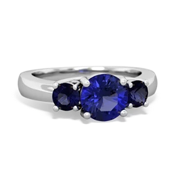 Lab Sapphire Three Stone Round Trellis 14K White Gold ring R4018