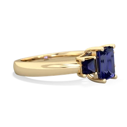 Lab Sapphire Three Stone Emerald-Cut Trellis 14K Yellow Gold ring R4021