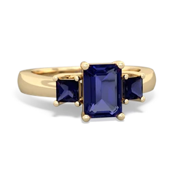 Lab Sapphire Three Stone Emerald-Cut Trellis 14K Yellow Gold ring R4021