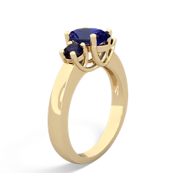 Lab Sapphire Three Stone Oval Trellis 14K Yellow Gold ring R4024