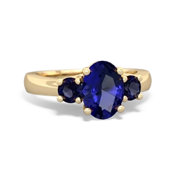 Lab Sapphire Three Stone Oval Trellis 14K Yellow Gold ring R4024