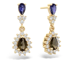 Lab Sapphire Halo Pear Dangle 14K Yellow Gold earrings E1882