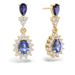 Lab Sapphire Halo Pear Dangle 14K Yellow Gold earrings E1882