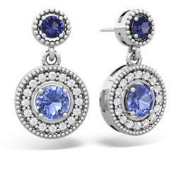 Lab Sapphire Halo Dangle 14K White Gold earrings E5319