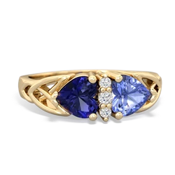 Lab Sapphire Celtic Knot Double Heart 14K Yellow Gold ring R5040