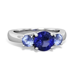 Lab Sapphire Three Stone Round Trellis 14K White Gold ring R4018