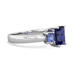 Lab Sapphire Three Stone Emerald-Cut Trellis 14K White Gold ring R4021