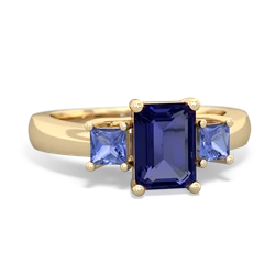 Lab Sapphire Three Stone Emerald-Cut Trellis 14K Yellow Gold ring R4021