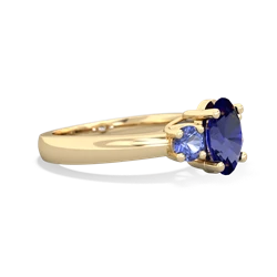 Lab Sapphire Three Stone Oval Trellis 14K Yellow Gold ring R4024