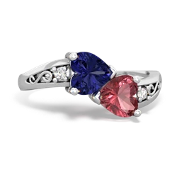 Lab Sapphire Snuggling Hearts 14K White Gold ring R2178