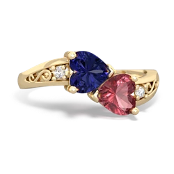 Lab Sapphire Snuggling Hearts 14K Yellow Gold ring R2178