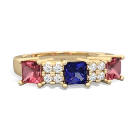 Lab Sapphire Three Stone Diamond Cluster 14K Yellow Gold ring R2592