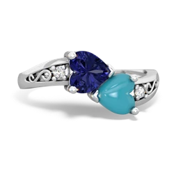 Lab Sapphire Snuggling Hearts 14K White Gold ring R2178