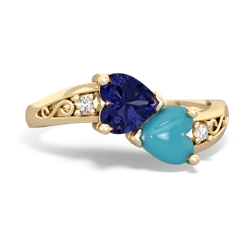 Lab Sapphire Snuggling Hearts 14K Yellow Gold ring R2178