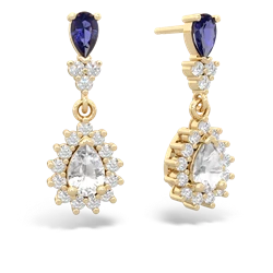 Lab Sapphire Halo Pear Dangle 14K Yellow Gold earrings E1882