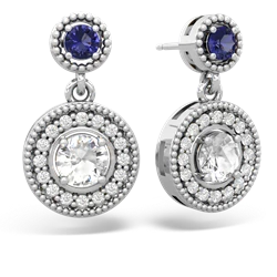 Lab Sapphire Halo Dangle 14K White Gold earrings E5319