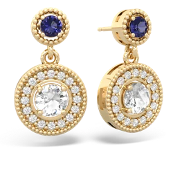 Lab Sapphire Halo Dangle 14K Yellow Gold earrings E5319