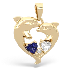 Lab Sapphire Dolphin Heart 14K Yellow Gold pendant P5820