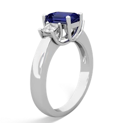 Lab Sapphire Three Stone Emerald-Cut Trellis 14K White Gold ring R4021