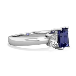 Lab Sapphire Three Stone Emerald-Cut Trellis 14K White Gold ring R4021