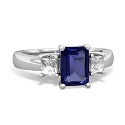 Lab Sapphire Three Stone Emerald-Cut Trellis 14K White Gold ring R4021