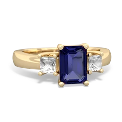 Lab Sapphire Three Stone Emerald-Cut Trellis 14K Yellow Gold ring R4021