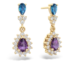 London Topaz Halo Pear Dangle 14K Yellow Gold earrings E1882