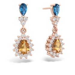 London Topaz Halo Pear Dangle 14K Rose Gold earrings E1882