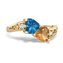 London Topaz Snuggling Hearts 14K Yellow Gold ring R2178