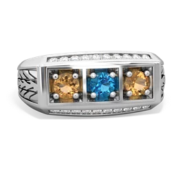 London Topaz Three Stone Tire Tread Men's 14K White Gold ring R0520