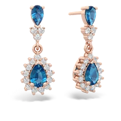 London Topaz Halo Pear Dangle 14K Rose Gold earrings E1882