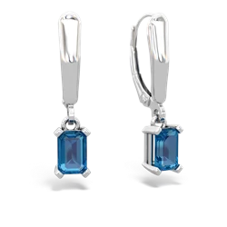 London Topaz 6X4mm Emerald-Cut Lever Back 14K White Gold earrings E2855