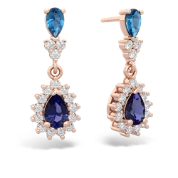 London Topaz Halo Pear Dangle 14K Rose Gold earrings E1882