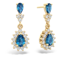 London Topaz Halo Pear Dangle 14K Yellow Gold earrings E1882