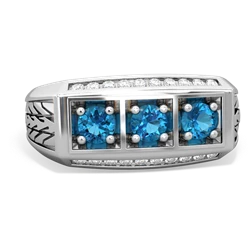 Blue Topaz Three Stone Tire Tread Men's 14K White Gold ring R0520