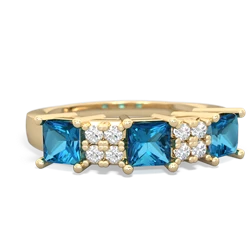 Blue Topaz Three Stone Diamond Cluster 14K Yellow Gold ring R2592