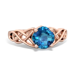 London Topaz Checkerboard Cushion Celtic Knot 14K Rose Gold ring R5000