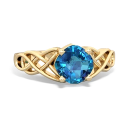 London Topaz Checkerboard Cushion Celtic Knot 14K Yellow Gold ring R5000