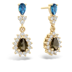 London Topaz Halo Pear Dangle 14K Yellow Gold earrings E1882