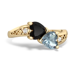 Onyx Snuggling Hearts 14K Yellow Gold ring R2178