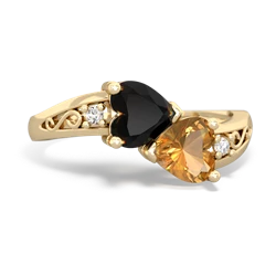 Onyx Snuggling Hearts 14K Yellow Gold ring R2178