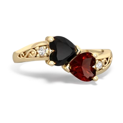 Onyx Snuggling Hearts 14K Yellow Gold ring R2178