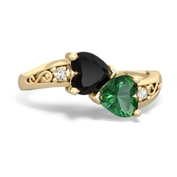 Onyx Snuggling Hearts 14K Yellow Gold ring R2178