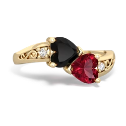 Onyx Snuggling Hearts 14K Yellow Gold ring R2178