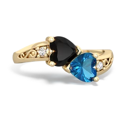 Onyx Snuggling Hearts 14K Yellow Gold ring R2178