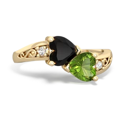 Onyx Snuggling Hearts 14K Yellow Gold ring R2178