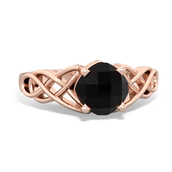 Onyx Checkerboard Cushion Celtic Knot 14K Rose Gold ring R5000