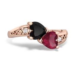 Onyx Snuggling Hearts 14K Rose Gold ring R2178